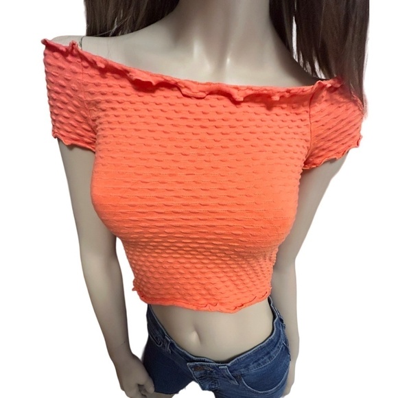BP. Stretch Knit Top Cotton Shirt Crop Off or On Shoulder Peach Orange NWOT - Picture 8 of 10